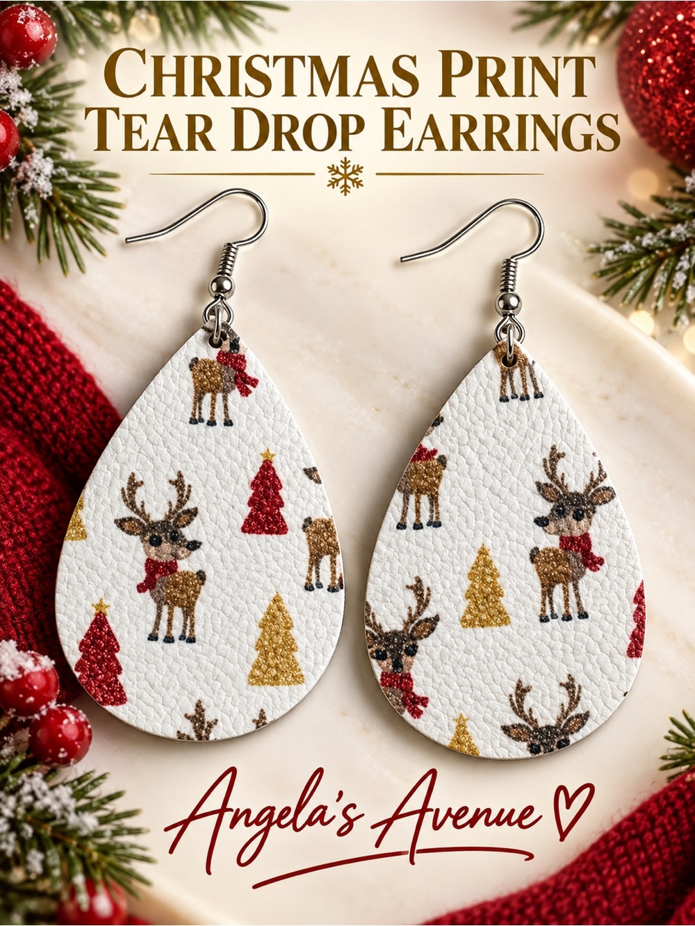CHRISTMAS Print TEAR DROP EARRINGS with Reindeer NEW